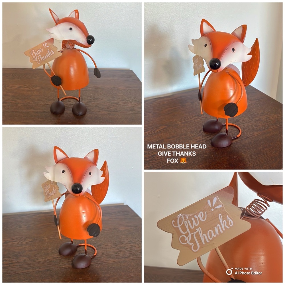 NWT-Charming Hand Painted Fox 🦊 Metal Bobble Head Figurine- w/ Give Thanks Sign